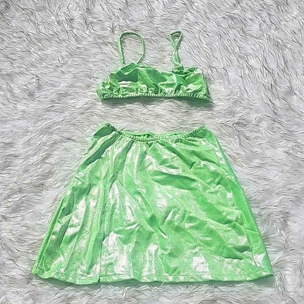 Lime green hologram skirt set